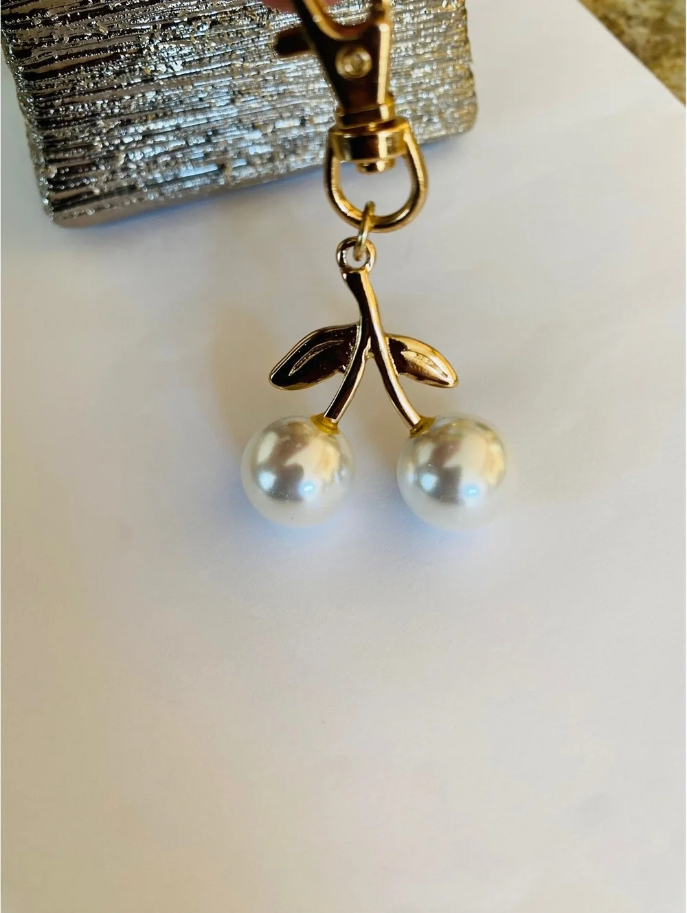 Gold Tone Pearl Cherry Charm Keychain